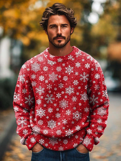 Men's fashion christmas red snowflake print crew neck sweater