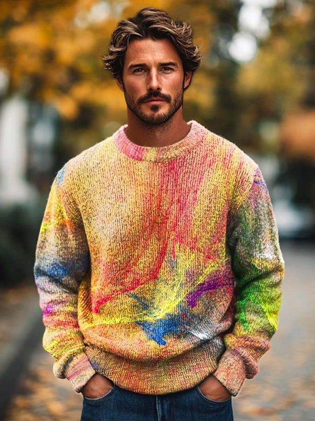 Men's fashion abstract color texture art print crew neck sweater