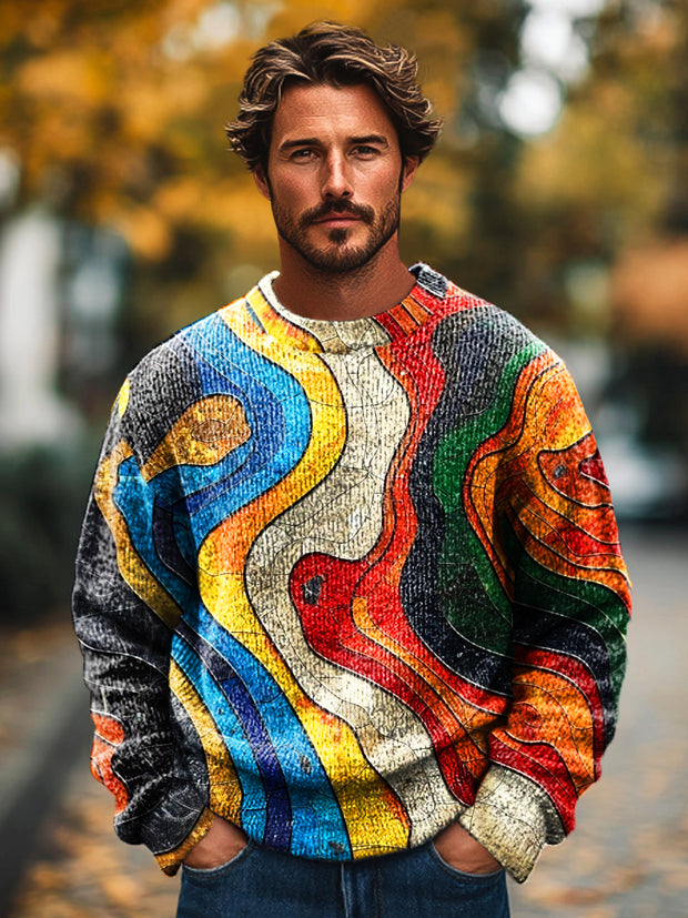 Gentleman Vintage Color Line Wave Art Print Knit Crew Neck Pullover