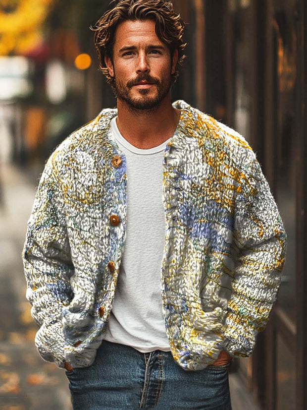 Men's Fashion Cool Gilt Line Art Print Long Sleeve Sweater Cardigan