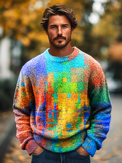 Gentleman Vintage Gradient Multicolor Geometric Art Print Knit Crew Neck Pullover