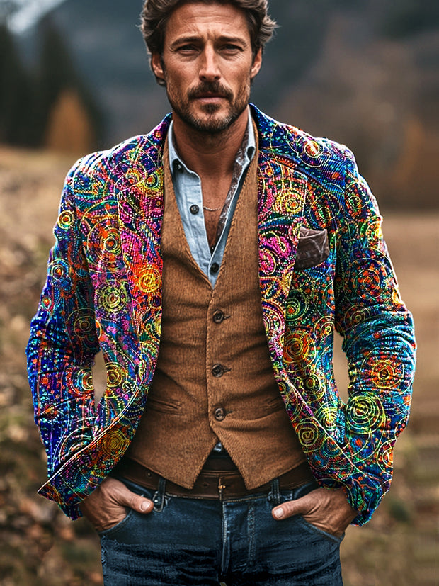 Gentleman Vintage Abstract Color Line Spiral Art Print Corduroy Lapel Suit Jacket