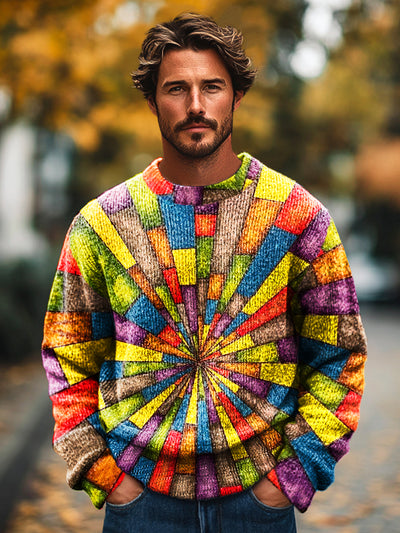 Gentleman Vintage Iridescent Geometric Art Print Knit Crew Neck Pullover Shirt