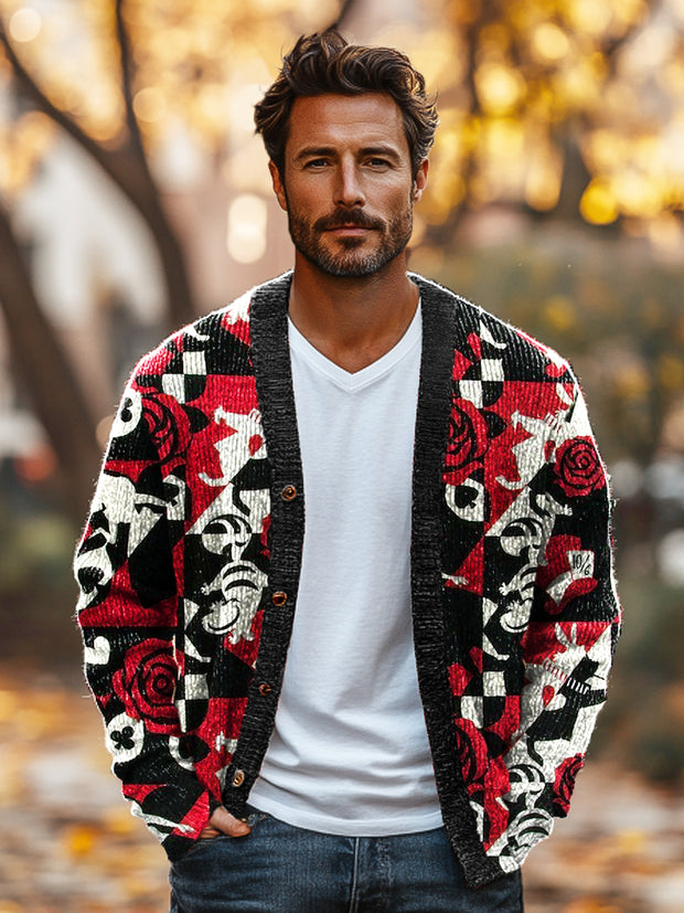 Gentleman Vintage Geometric Rose Art Print Knit V-Neck Cardigan