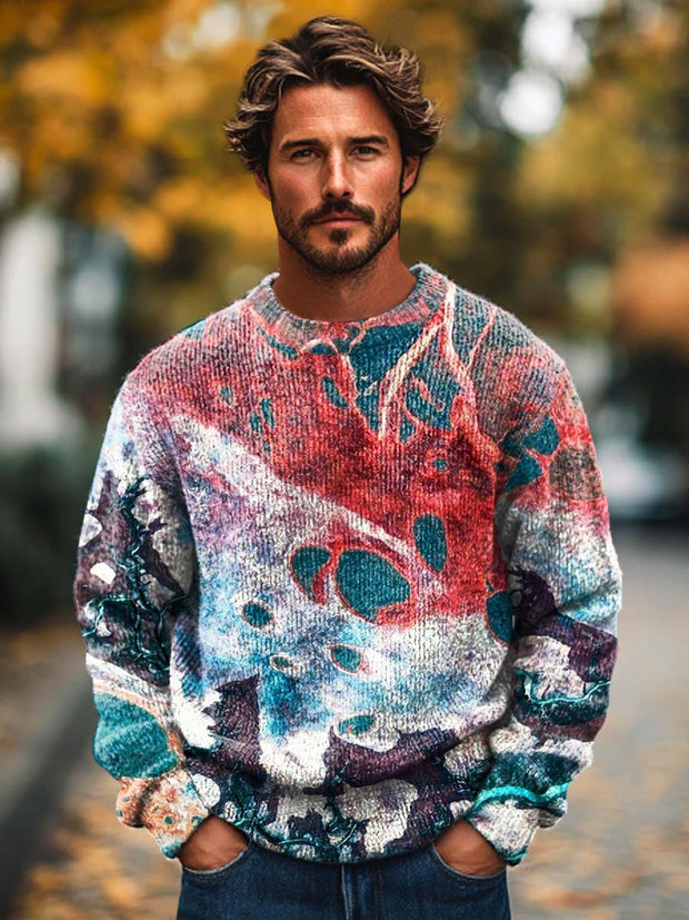 Gentleman Fashion Abstract Color-Block Texture Art Print Knitted Long-Sleeved Crewneck Sweater