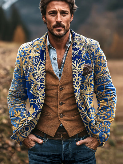 Gentleman Vintage Gold Mandala Art Print Corduroy Lapel Blazer Jacket