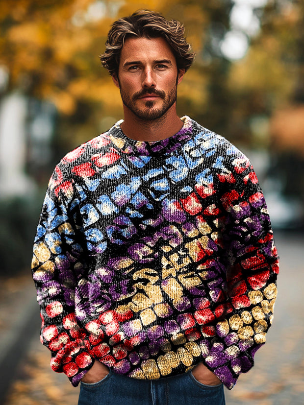 Gentleman's Vintage Abstract Multicolor Geometric Art Print Knit Crew Neck Pullover