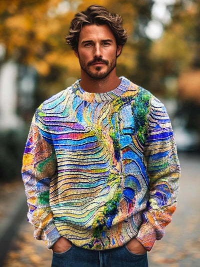 Gentleman Fashion Abstract Color Texture Art Print Knitted Long Sleeve Crew Neck Sweater