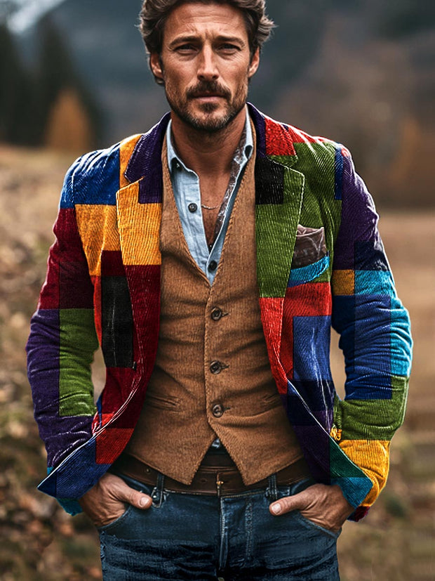 Gentleman Vintage Multicolor Geometric Patchwork Art Printed Corduroy Lapel Blazer