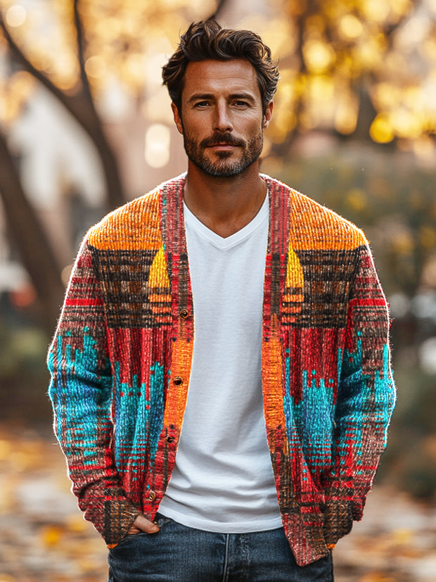 Gentleman Vintage Multicolor Geometric Line Art Print Knit V-Neck Cardigan