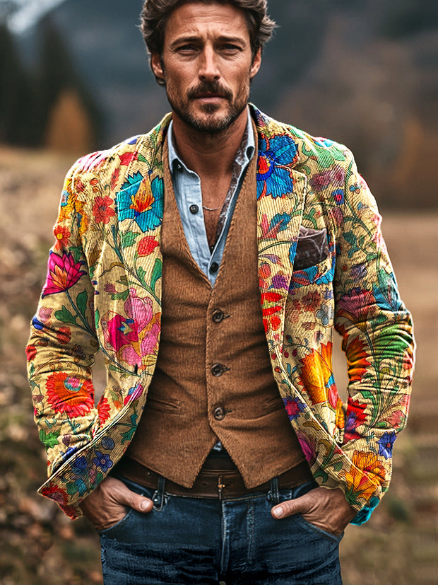 Gentleman Vintage Ethnic Floral Art Print Corduroy Lapel Blazer