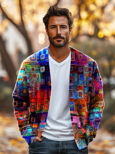 Gentleman Vintage Neon Color Geometric Art Print Knit V-Neck Cardigan