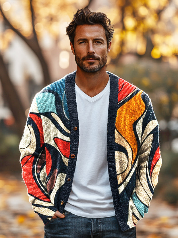 Gentleman Vintage Color Line Art Print Knit V-Neck Cardigan