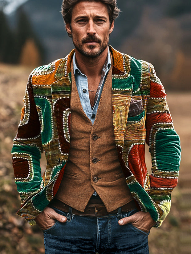 Gentleman Vintage Multicolor Geometric Art Print Corduroy Lapel Blazer