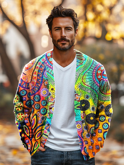 Gentleman Vintage Colorful Undersea Botanical Art Print Knit V-Neck Cardigan