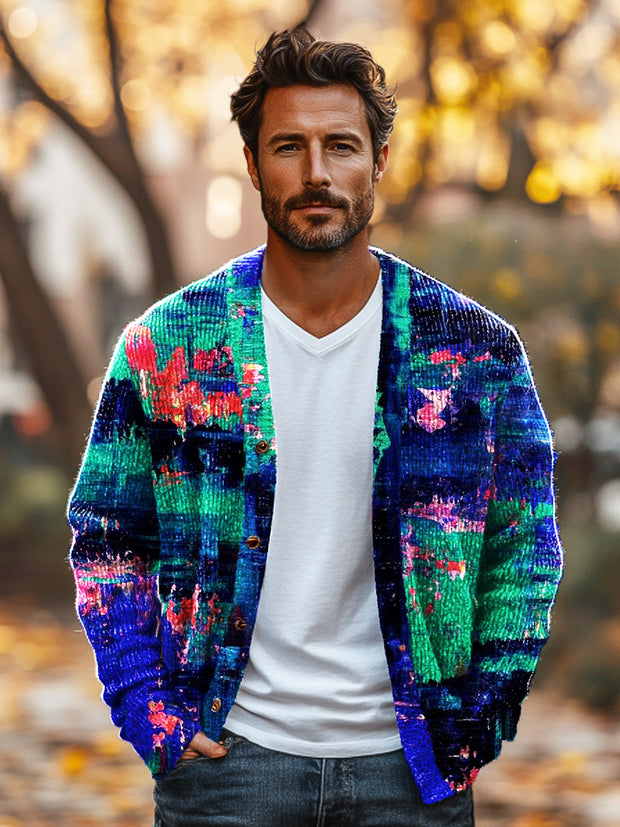 Gentleman Vintage Abstract Colorful Graffiti Art Print Knit V-Neck Cardigan