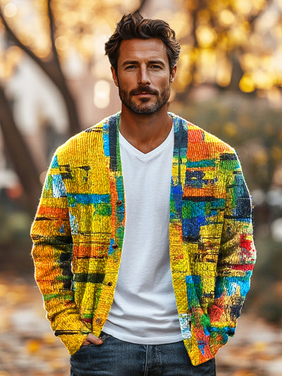 Gentleman Vintage Rainbow Color Patchwork Art Print Knit V-Neck Cardigan