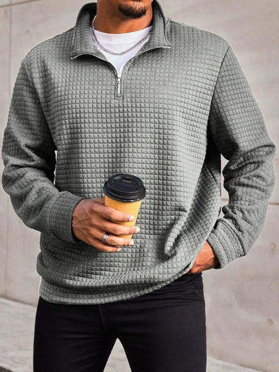 Men's Fashion Trend Solid Color Waffle Zipper Neckline Long Sleeve Sweatshirt