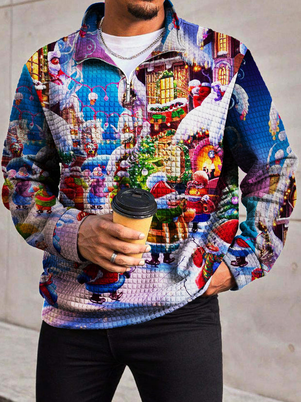 Men's Fashion Vintage Christmas Day Color Printed Waffle Gra Chain Neckline Long Sleeve Sweatshirt