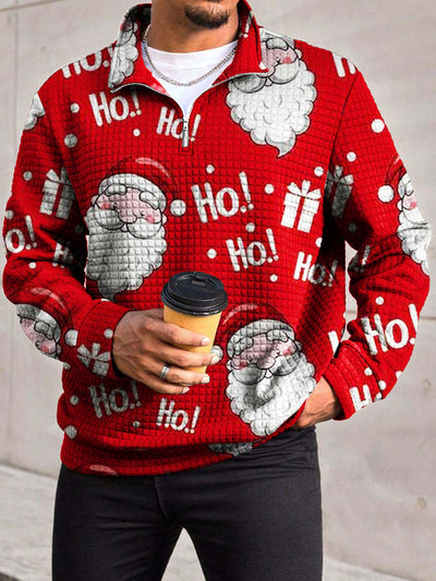 Men's Fashion Cheerful Cute Santa Claus Trend Print Waffle Zipper Neckline Long Sleeve Sweatshirt