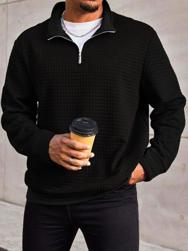 Men's Fashion Trend Solid Color Waffle Zipper Neckline Long Sleeve Sweatshirt