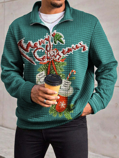 Men's Fashion Christmas Warm Gloves Vintage Printed Waffle Gra Chain Neckline Long Sleeve Sweatshirt