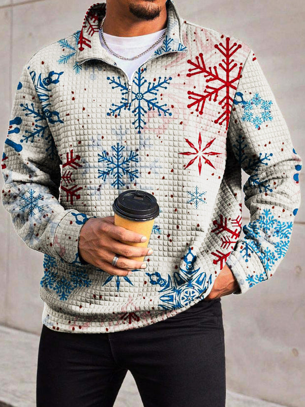 Men's Fashion Simple And Versatile Christmas Snowflake Waffle Print Zipper Neckline Long Sleeve Sweatshirt