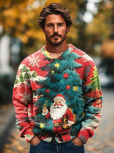 Men's Retro Trend Santa Claus Print Knitted Long Sleeve Crew Neck Sweater