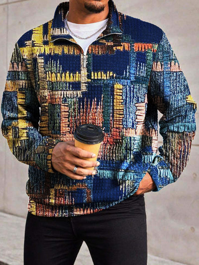 Men's Fashion Abstract Irregular Line Print Waffle Gra Chain Neckline Long Sleeve Sweatshirt