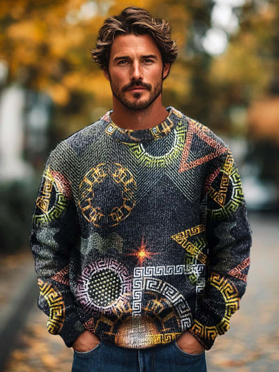 Men's Fashion Abstract Irregularly Patterned Art Print Long Sleeve Knitted Crew Neck Sweater