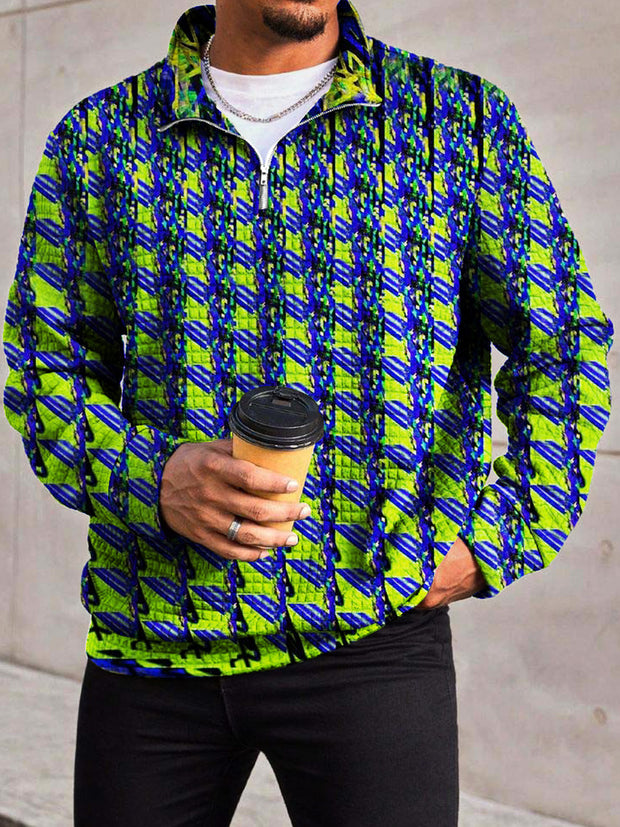 Men's Fashion Abstract Irregular Geometric Print Waffle Gra Chain Neckline Long Sleeve Sweatshirt