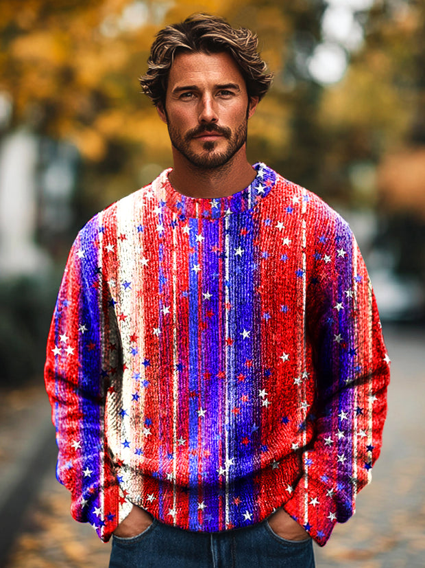 Gentleman Vintage Multicolor Gradient Line Star Art Print Knit Crew Neck Pullover Sweater