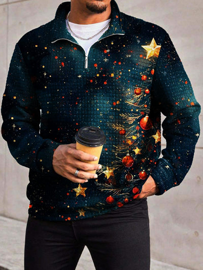 Men's Fashion Christmas Tree Gift Print Waffle Gra Chain Neckline Long Sleeve Sweatshirt