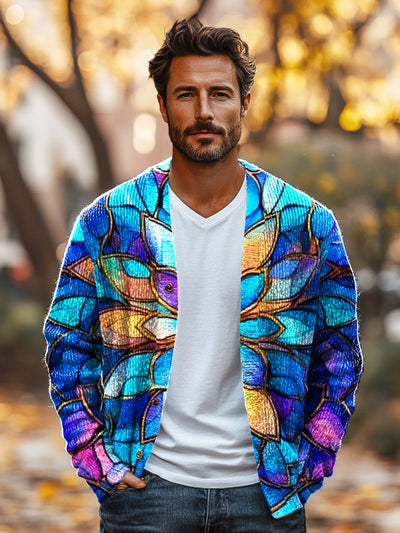 Gentleman Vintage Multicolor Geometric Floral Art Print Knit V-Neck Cardigan