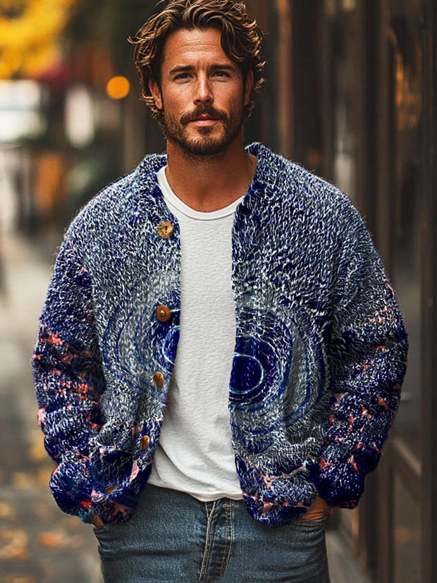 Men's Abstract Irregular Swirl Print Long Sleeve Knitted Sweater Cardigan