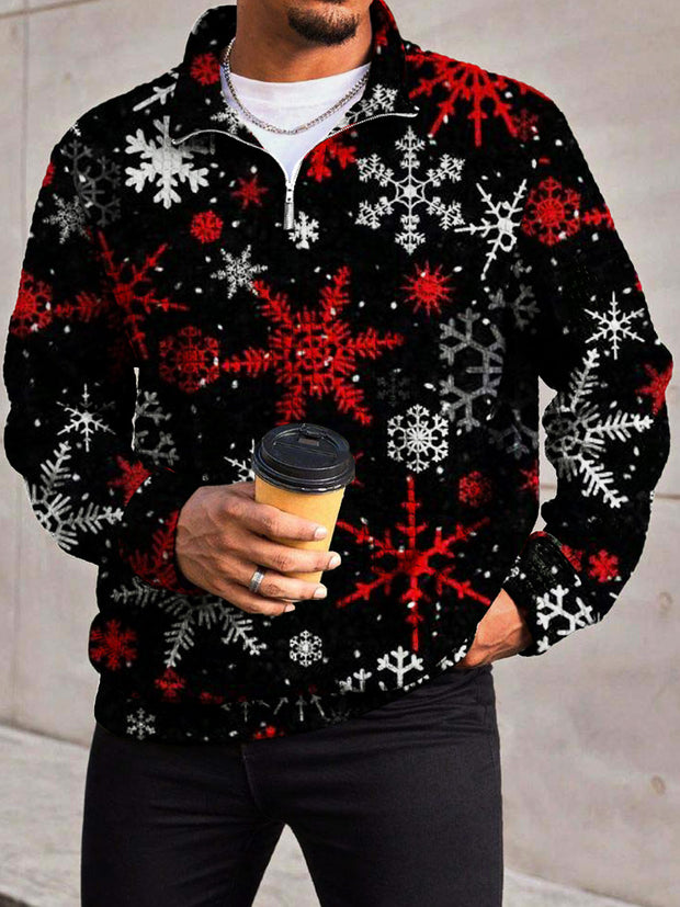 Men's Festive Fashion Christmas Snow Print Waffle Gela Chain Neckline Long Sleeve Sweatshirt