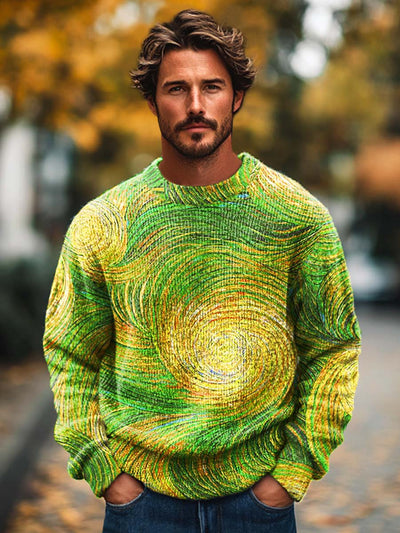 Men's Fashion Abstract Line Swirl Print Long Sleeve Knitted Crew Neck Sweater