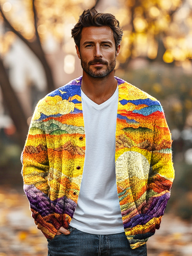 Gentleman Vintage Abstract Sunset Hills Art Print Knit V-Neck Cardigan