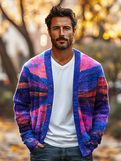 Gentleman Vintage Neon Landscape Art Print Knit V-Neck Cardigan