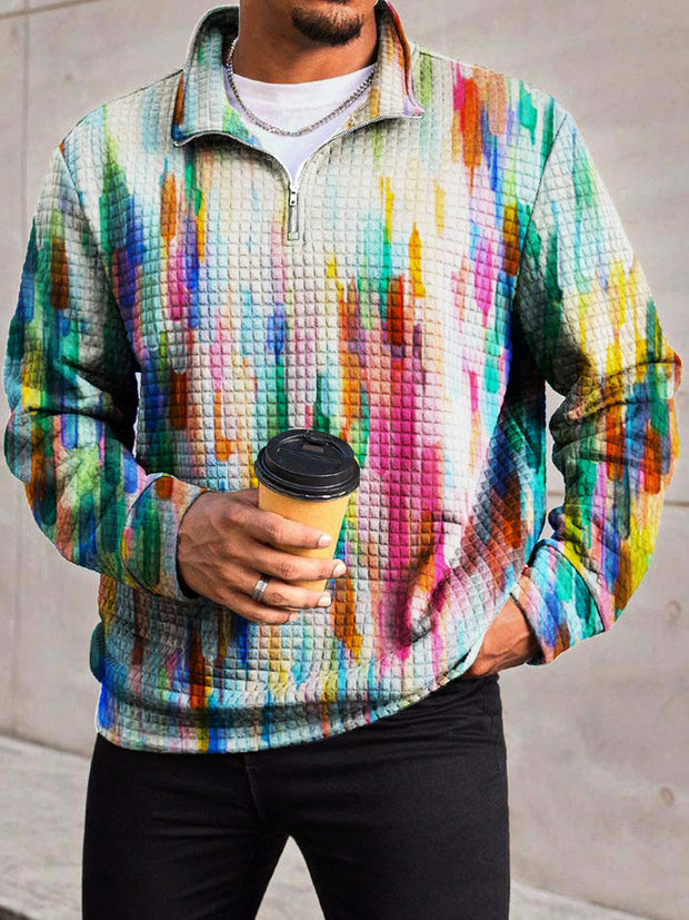 Men's Fashion Rainbow Irregular Stripe Printed Waffle Zipper Collar Long Sleeve Hoodie