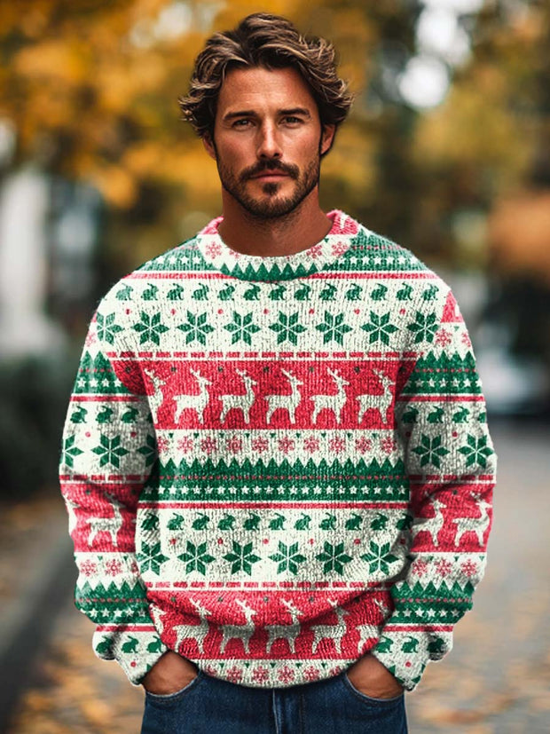 Men's Vintage Versatile Christmas Deer Print Knitted Long Sleeved Round Neck Sweater