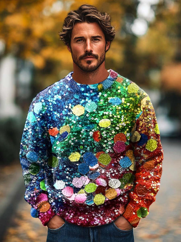 Men's Fashion Retro Holiday Gradient Glitter Print Knitted Long Sleeved Round Neck Sweater