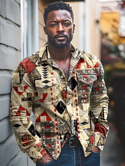 Vintage African Tribal Geometric Art Print Corduroy Lapel Long Sleeve Pocket Shirt