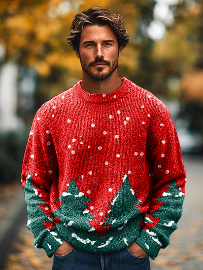 Christmas Theme Snowy Christmas Tree Red Vintage Art Print Knit Crew Neck Pullover Shirt