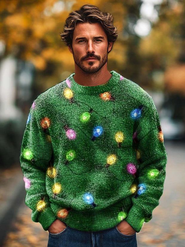 Men's Fashionable Retro Christmas Decoration Lantern Ball Print Knitted Long Sleeved Round Neck Sweater