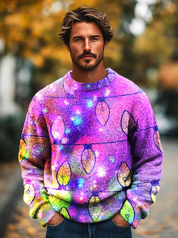 Christmas Themed Neon String Vintage Art Print Knit Crew Neck Pullover Shirt