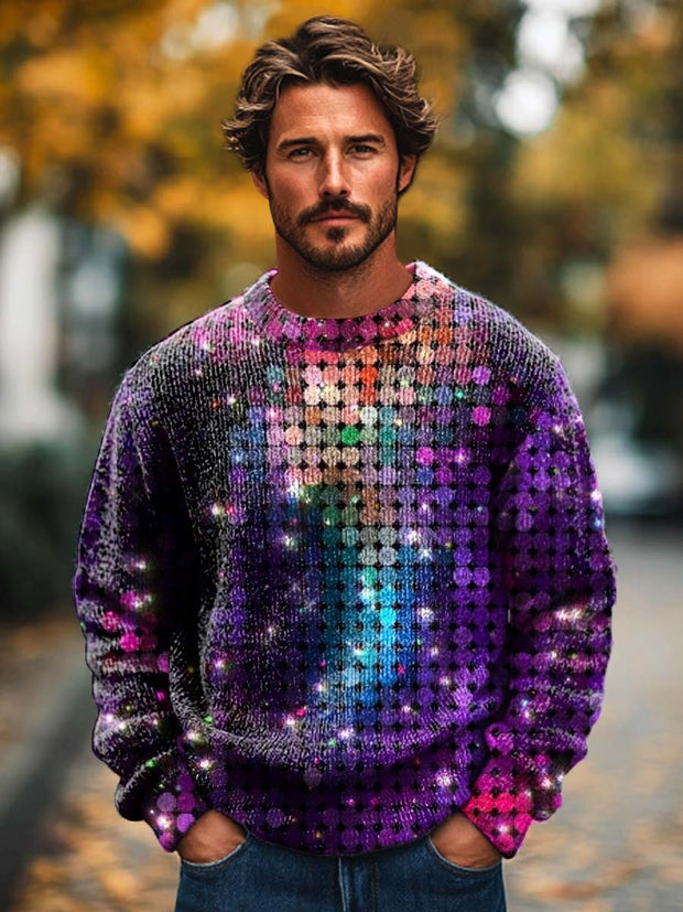 Men's Fashionable Retro Disco Glitter Print Knitted Long Sleeved Round Neck Sweater