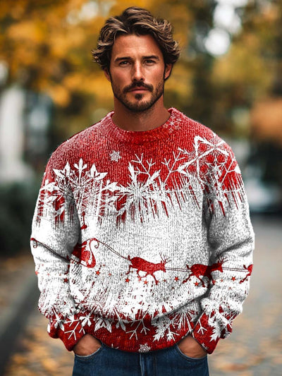 Men's Fashionable Christmas Reindeer Print Knitted Long Sleeved Round Neck Sweater