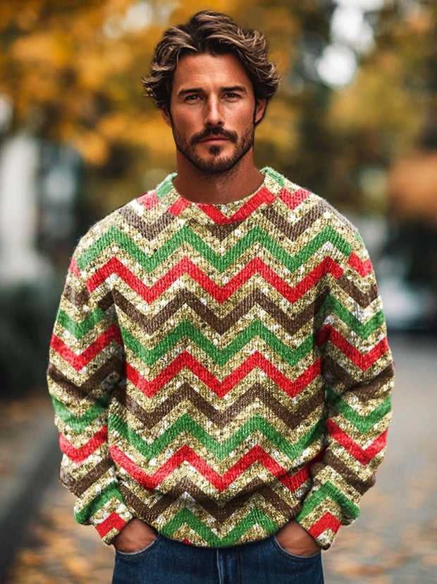 Men's Fashion Christmas Abstract Geometric Stripe Printed Knitted Long Sleeve Round Neck Sweater