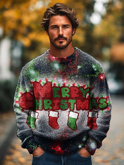 Men's Retro Fashion Checkered Christmas Wish Socks Printed Knit Long Sleeved Round Neck Sweater